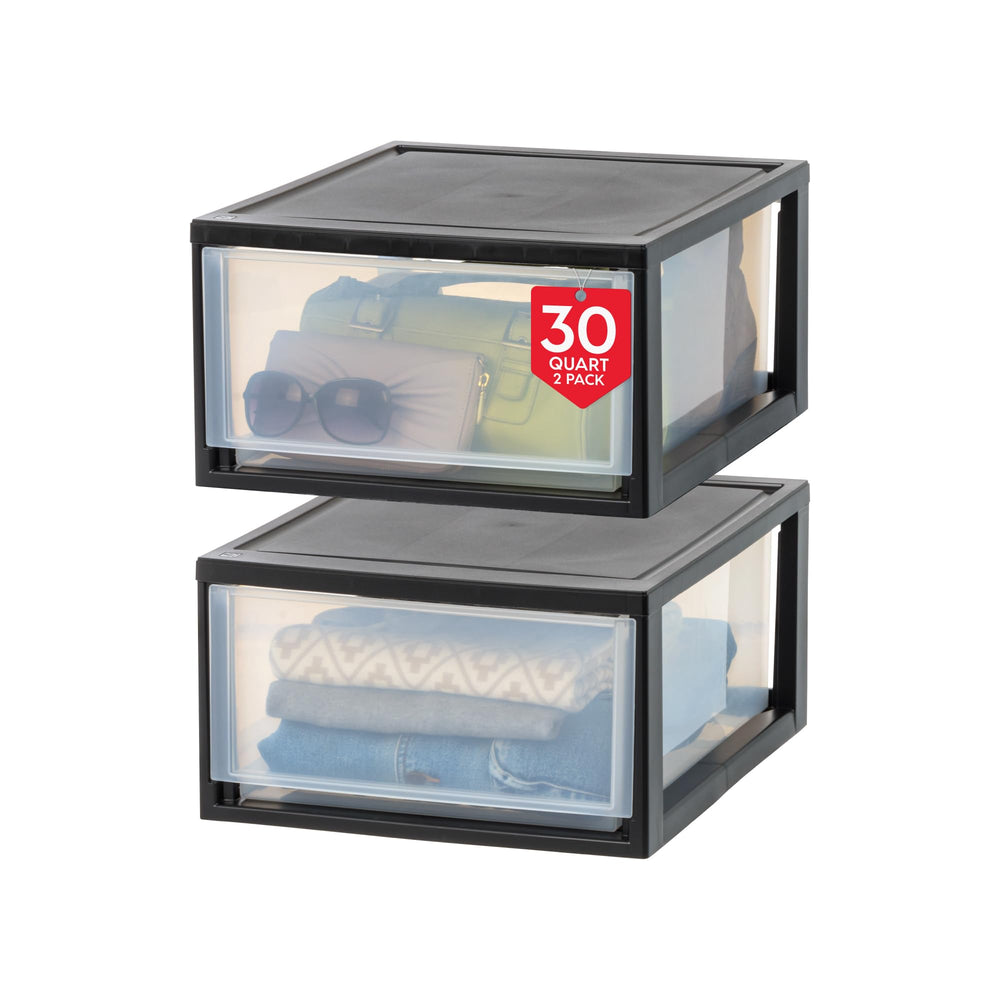 IRIS USA 6 Qt. Plastic Drawer Storage Organizer Stacking Drawers, 2-Pack, Stackable Unit with Sliding Drawer for Bedroom Kitchen Under Sink Pantry Craft Room Bathroom Dorm Office, Black