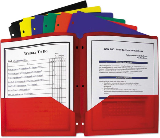 C-Line Two-Pocket Heavyweight Poly Portfolio Folder, 3-Hole Punch, 11 x 8.5, Randomly Assorted Colors - hover image