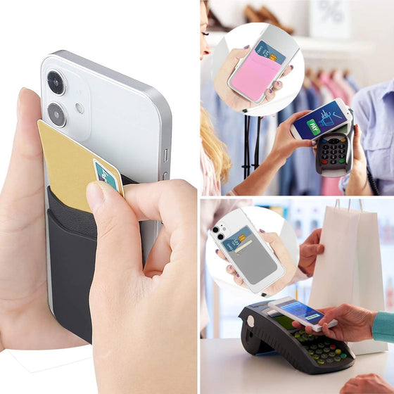SS Card Holder for Back of Phone, Cell Phone Wallet Stick-on Credit Card Sleeve Pocket Silicone Pouch Compatible for iPhone, Samsung Galaxy and Most SamrtPhones 4 Pack - hover image