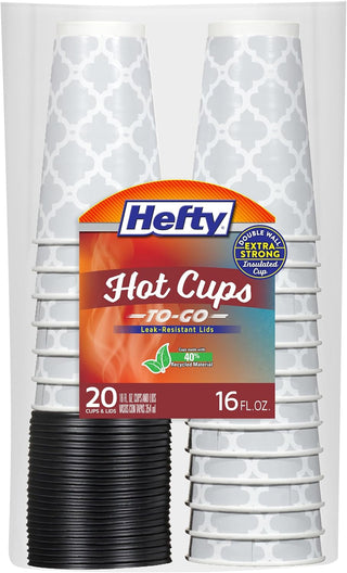 Hefty Disposable Hot Cups with Lids, Insulated Paper Coffee Cups for Tea, Cocoa and Hot Beverages, Leak Resistant Single Use Drink Cups, 16 Ounce, 20 Count
