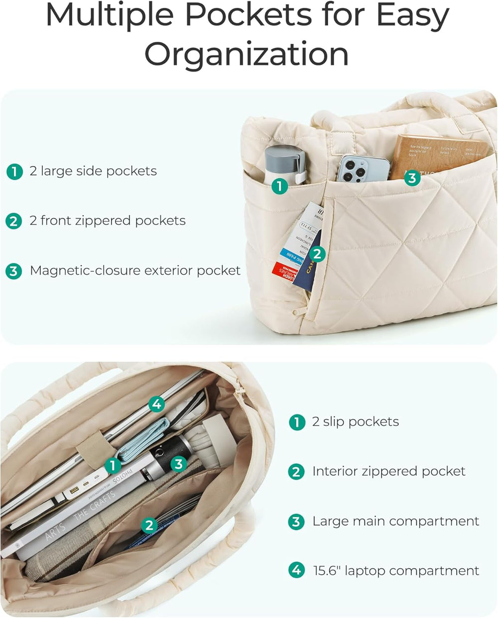 BAGSMART Tote Bag for Women, Puffer Tote Bag with Zipper, Large Quilted Shoulder Bag with Compartments for Travel, Work, Gym
