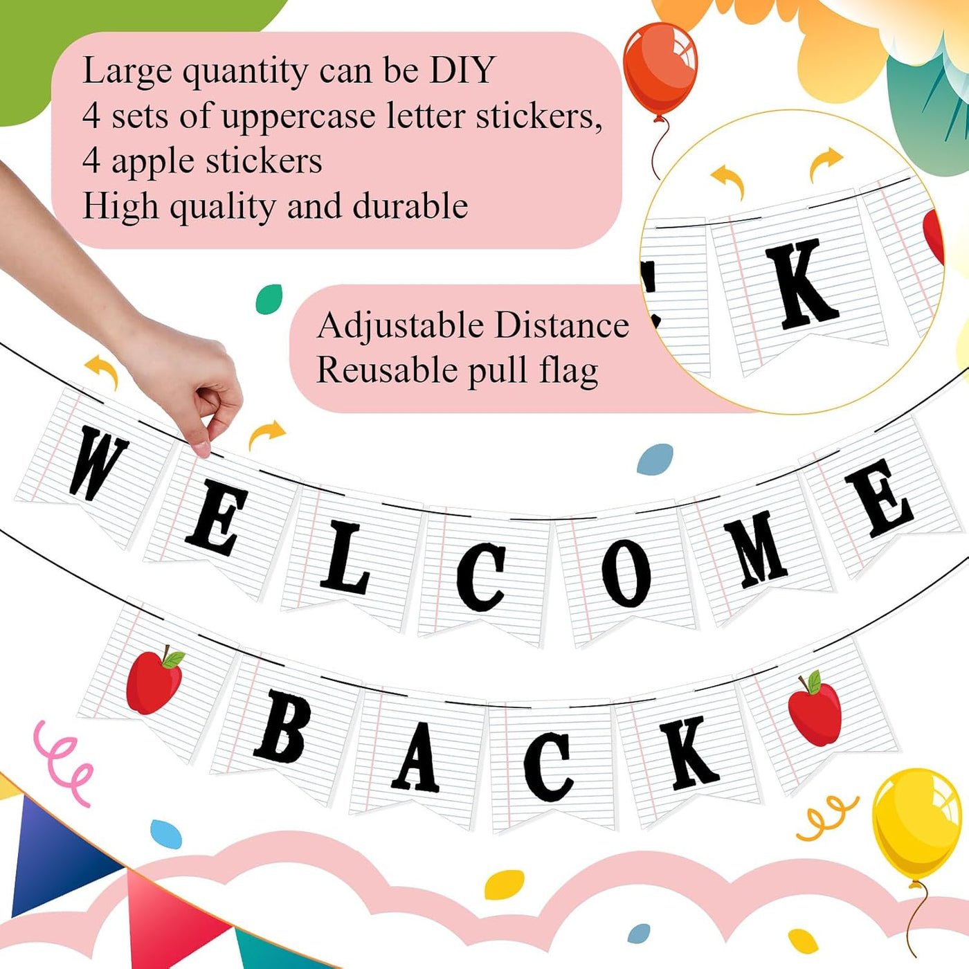 Mooliwe Classroom Decor DIY Banner, Welcome Back to School Party Supply Custom Hanging Bunting Garland Kit with Letters for First Day of School Ambience Celebration Decoration(White,Notebook)