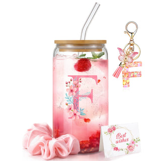 Personalized Initial Glass Cup Gift Set for Women, Custom Monogram Cup with Lid and Straw, Matching Keychain & Card, Bridesmaid or Birthday Gift for Women Friend Sister (Letter S)