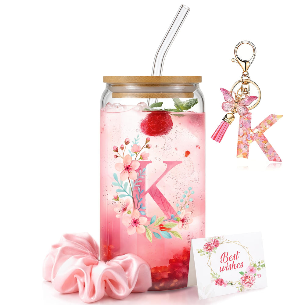 Personalized Initial Glass Cup Gift Set for Women, Custom Monogram Cup with Lid and Straw, Matching Keychain & Card, Bridesmaid or Birthday Gift for Women Friend Sister (Letter S)