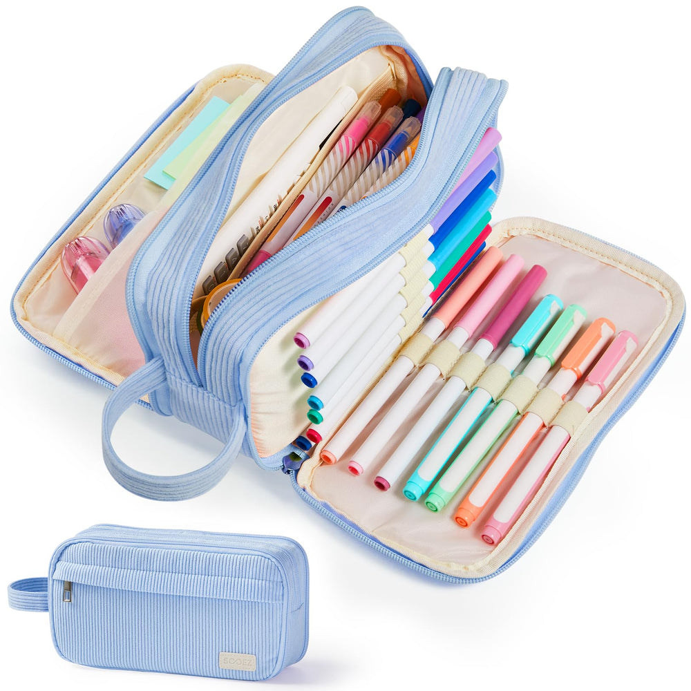 Sooez High Capacity Pencil Case, Soft Corduroy Pencil Pouch with 4 Compartments, Multiple Pockets, Large Pencil Bag with Sturdy Zipper, Cute Pencil Case Pouch Organizer for Student Teen Girls, Blue