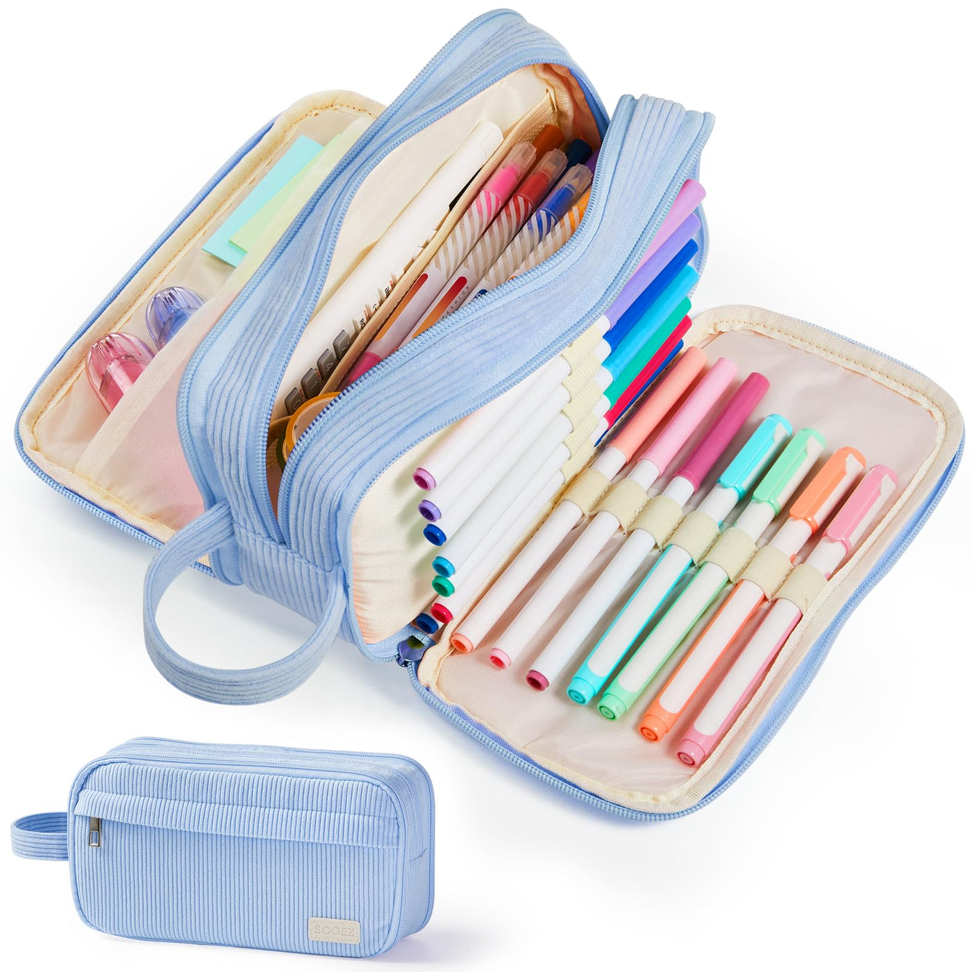 Sooez High Capacity Pencil Case, Soft Corduroy Pencil Pouch with 4 Compartments, Multiple Pockets, Large Pencil Bag with Sturdy Zipper, Cute Pencil Case Pouch Organizer for Student Teen Girls, Blue