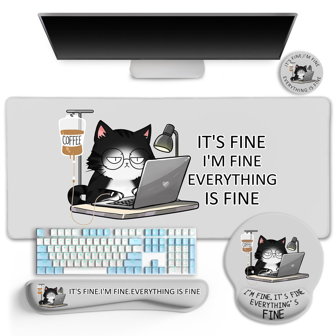 LIMKRIAN Desk Mat Set, Large Gaming Mouse Pad with Wrist Rest, Ergonomic Mouse Pad Keyboard Mat Wrist Support, Cup Coaster, Home Office Desk Accessories Decor Supplies, Funny Black Cat