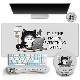 LIMKRIAN Desk Mat Set, Large Gaming Mouse Pad with Wrist Rest, Ergonomic Mouse Pad Keyboard Mat Wrist Support, Cup Coaster, Home Office Desk Accessories Decor Supplies, Funny Black Cat