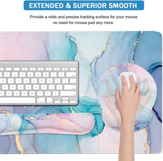 4-in-1 Gaming Mouse Pad Wrist Support Set，Desk Pad + Mouse Pad with Wrist Rest + Keyboard Wrist Rest + Coaster, Ergonomic Design for Home Office Study Game - Blue Marble