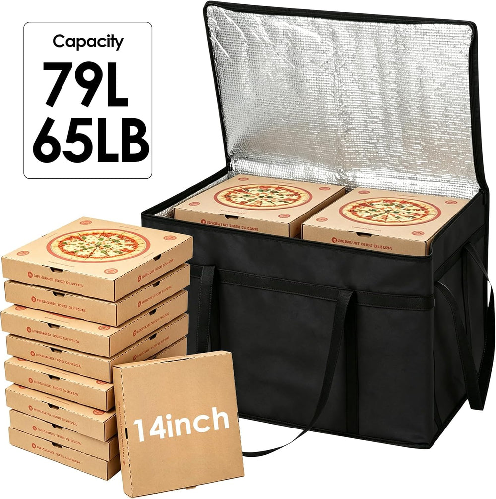 2 Pack Insulated Food Delivery Bags with Removable Hard Bottom 65lb Capacity One Red One Black Triple Layer Thermal Catering Tote Flat Folding Pizza Warmer Cooler Bag for Car Rideshare Transport