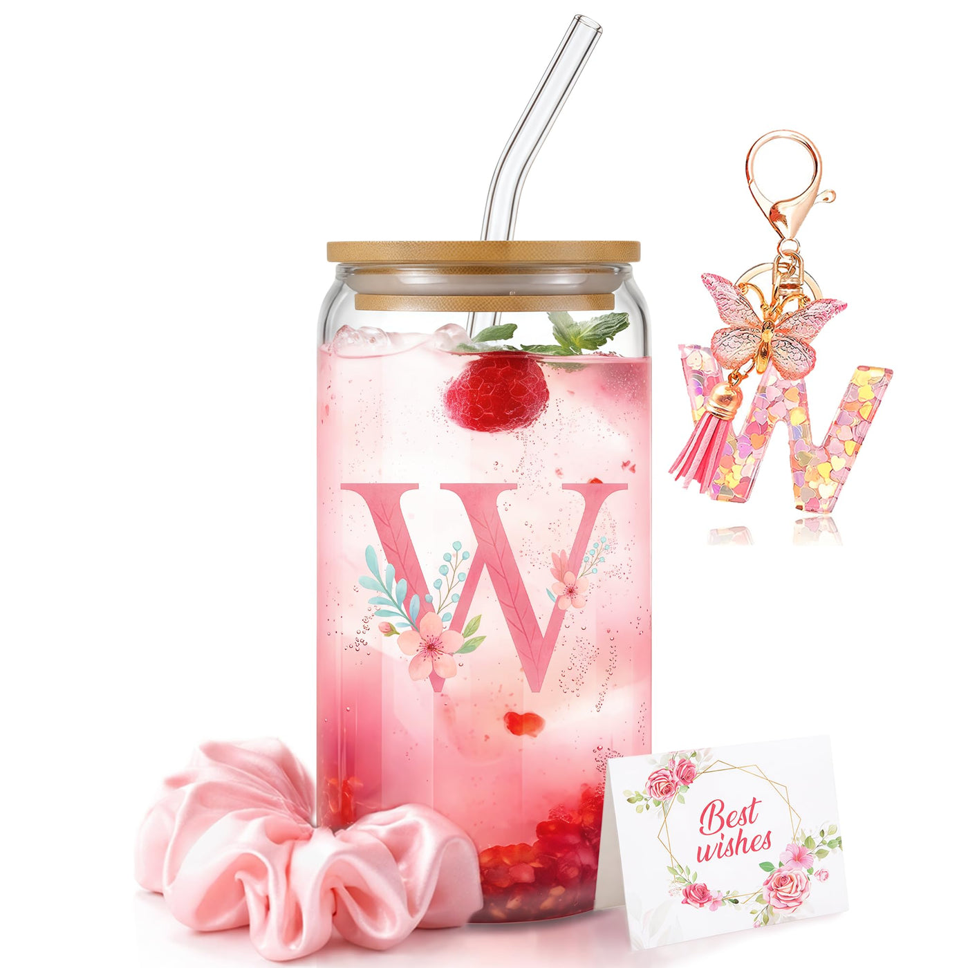 Personalized Initial Glass Cup Gift Set for Women, Custom Monogram Cup with Lid and Straw, Matching Keychain & Card, Bridesmaid or Birthday Gift for Women Friend Sister (Letter S)