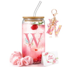 Personalized Initial Glass Cup Gift Set for Women, Custom Monogram Cup with Lid and Straw, Matching Keychain & Card, Bridesmaid or Birthday Gift for Women Friend Sister (Letter S)