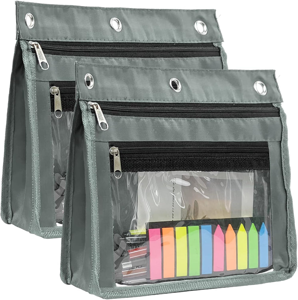 YoeeJob 2 Pack 1 Inch Expandable Zipper Pencil Pouches with Clear Window for 3 Ring Binder, Suitable for School & Office (Grey)