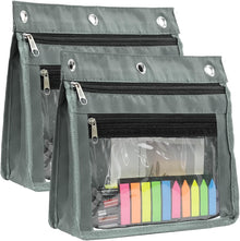 YoeeJob 2 Pack 1 Inch Expandable Zipper Pencil Pouches with Clear Window for 3 Ring Binder, Suitable for School & Office (Grey)