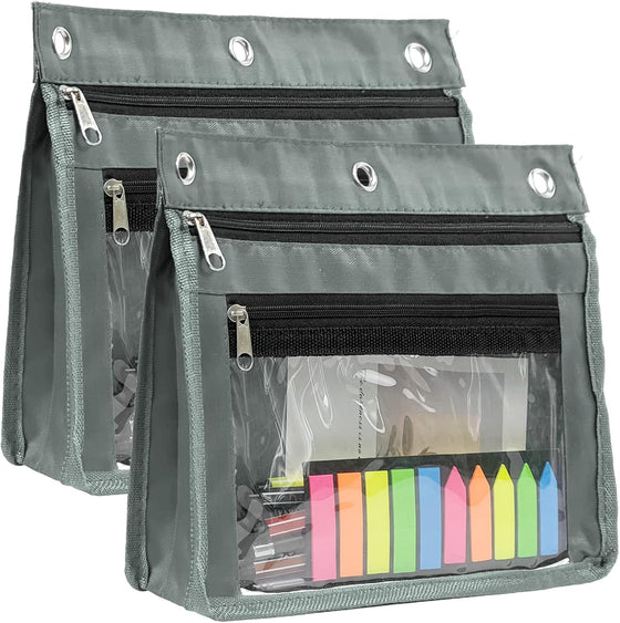YoeeJob 2 Pack 1 Inch Expandable Zipper Pencil Pouches with Clear Window for 3 Ring Binder, Suitable for School & Office (Grey)