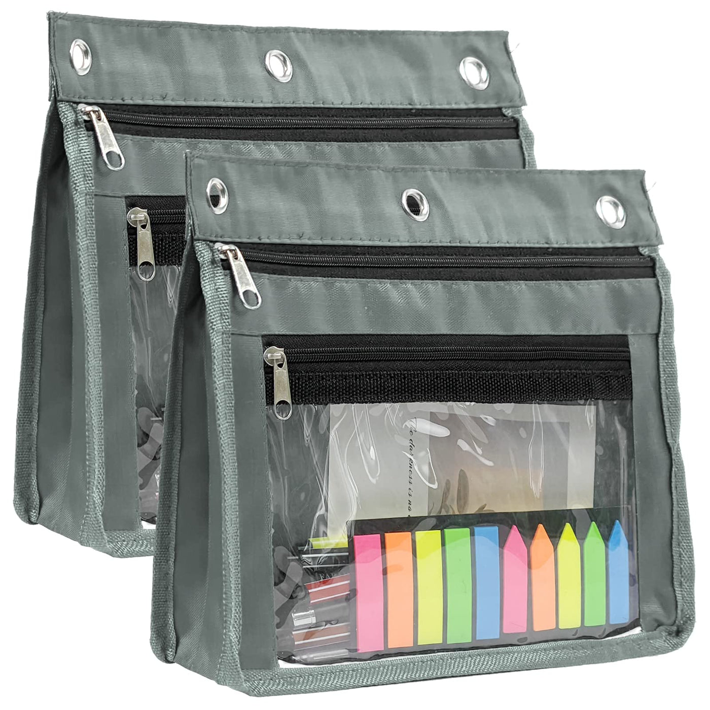 YoeeJob 2 Pack 1 Inch Expandable Zipper Pencil Pouches with Clear Window for 3 Ring Binder, Suitable for School & Office (Grey)