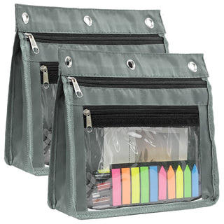 YoeeJob 2 Pack 1 Inch Expandable Zipper Pencil Pouches with Clear Window for 3 Ring Binder, Suitable for School & Office (Grey)