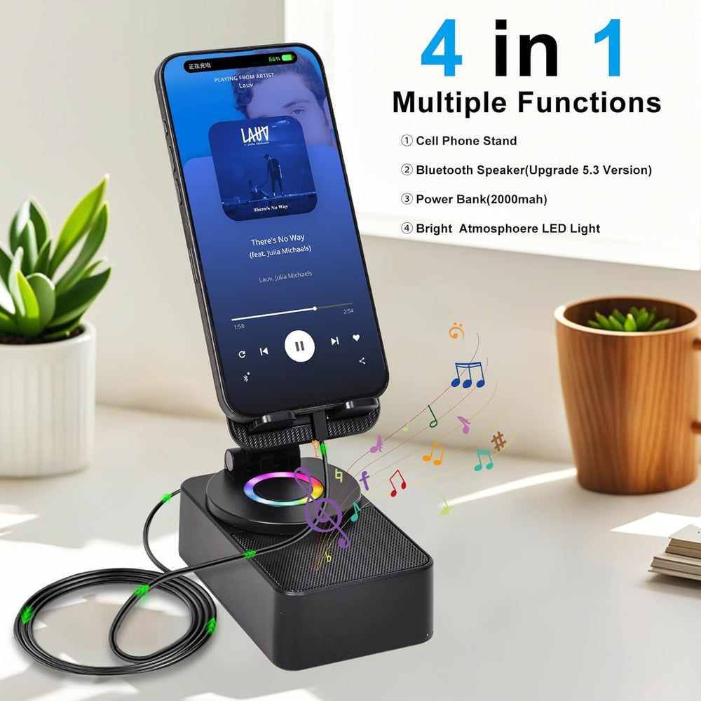 Birthday Gift for Women Mom Men Dad Cell Phone Stand with Wireless Bluetooth Speaker and Portable Charger ＆Led Color Flash Light HD Stereo Surround Sound Cool Gadget for Home Office Travel