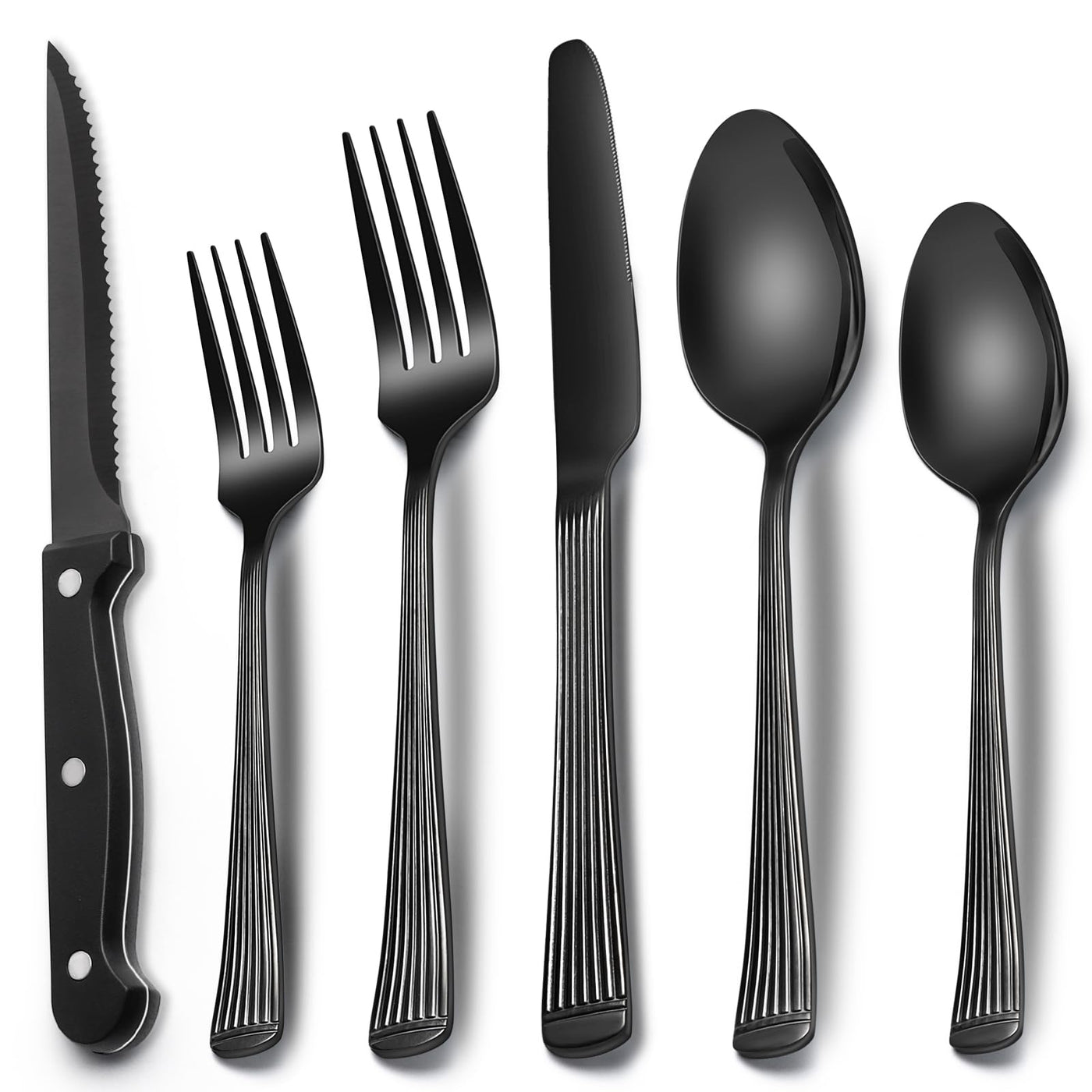 EWFEN 24-Piece Black Silverware Set with Steak Knives, Black Flatware Set for 4, Food-Grade Stainless Steel Tableware Cutlery Set, Mirror Finished Utensil Sets for Home Restaurant, Round Edge