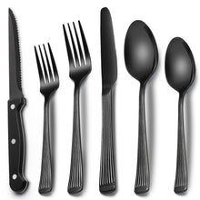 EWFEN 24-Piece Black Silverware Set with Steak Knives, Black Flatware Set for 4, Food-Grade Stainless Steel Tableware Cutlery Set, Mirror Finished Utensil Sets for Home Restaurant, Round Edge