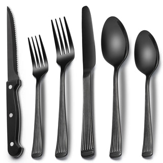 EWFEN 24-Piece Black Silverware Set with Steak Knives, Black Flatware Set for 4, Food-Grade Stainless Steel Tableware Cutlery Set, Mirror Finished Utensil Sets for Home Restaurant, Round Edge