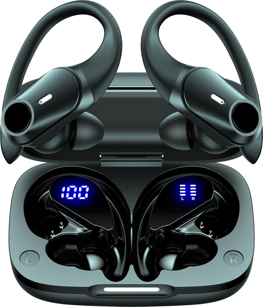 Active Noise Cancelling Ear Buds Wireless Earbuds 80H Playtime Bluetooth Headphones Over Ear Hooks Earphones with Power Display Case Hi-Res Stereo & Clear Calls for Sports Running Gym Workout Black