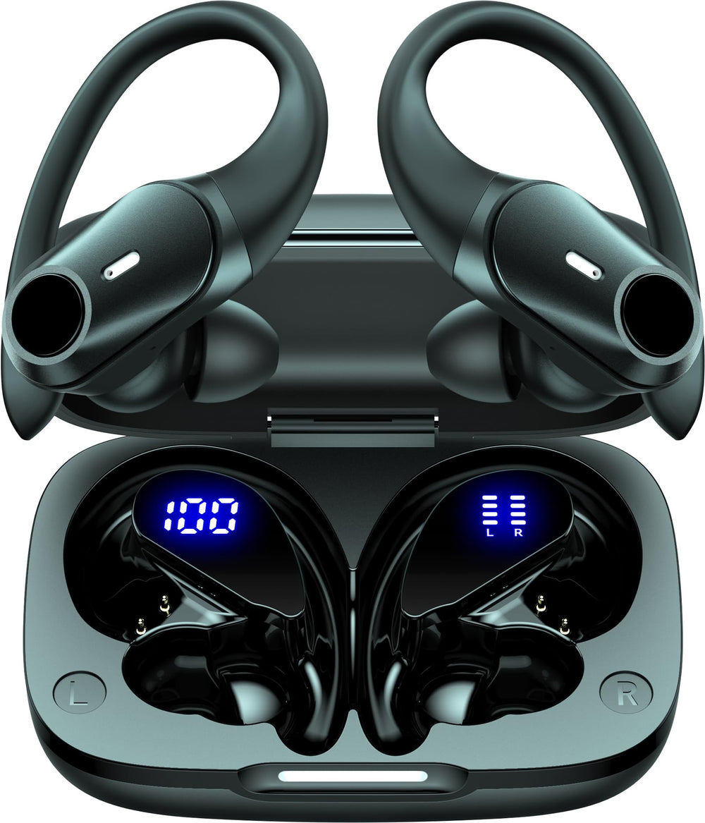 Active Noise Cancelling Ear Buds Wireless Earbuds 80H Playtime Bluetooth Headphones Over Ear Hooks Earphones with Power Display Case Hi-Res Stereo & Clear Calls for Sports Running Gym Workout Black