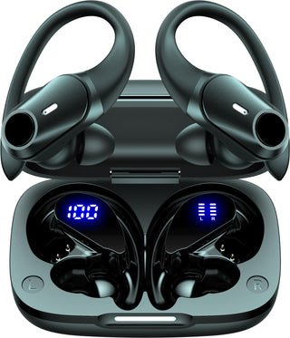 Active Noise Cancelling Ear Buds Wireless Earbuds 80H Playtime Bluetooth Headphones Over Ear Hooks Earphones with Power Display Case Hi-Res Stereo & Clear Calls for Sports Running Gym Workout Black