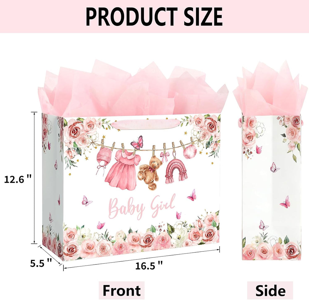 Yusenguan 16.5" Extra Large Baby Gift Bag Set with Tissue Paper and Greeting Card, Pink Floral Design for Girl Baby Shower, Kids Birthday Party and Newborn Gifts