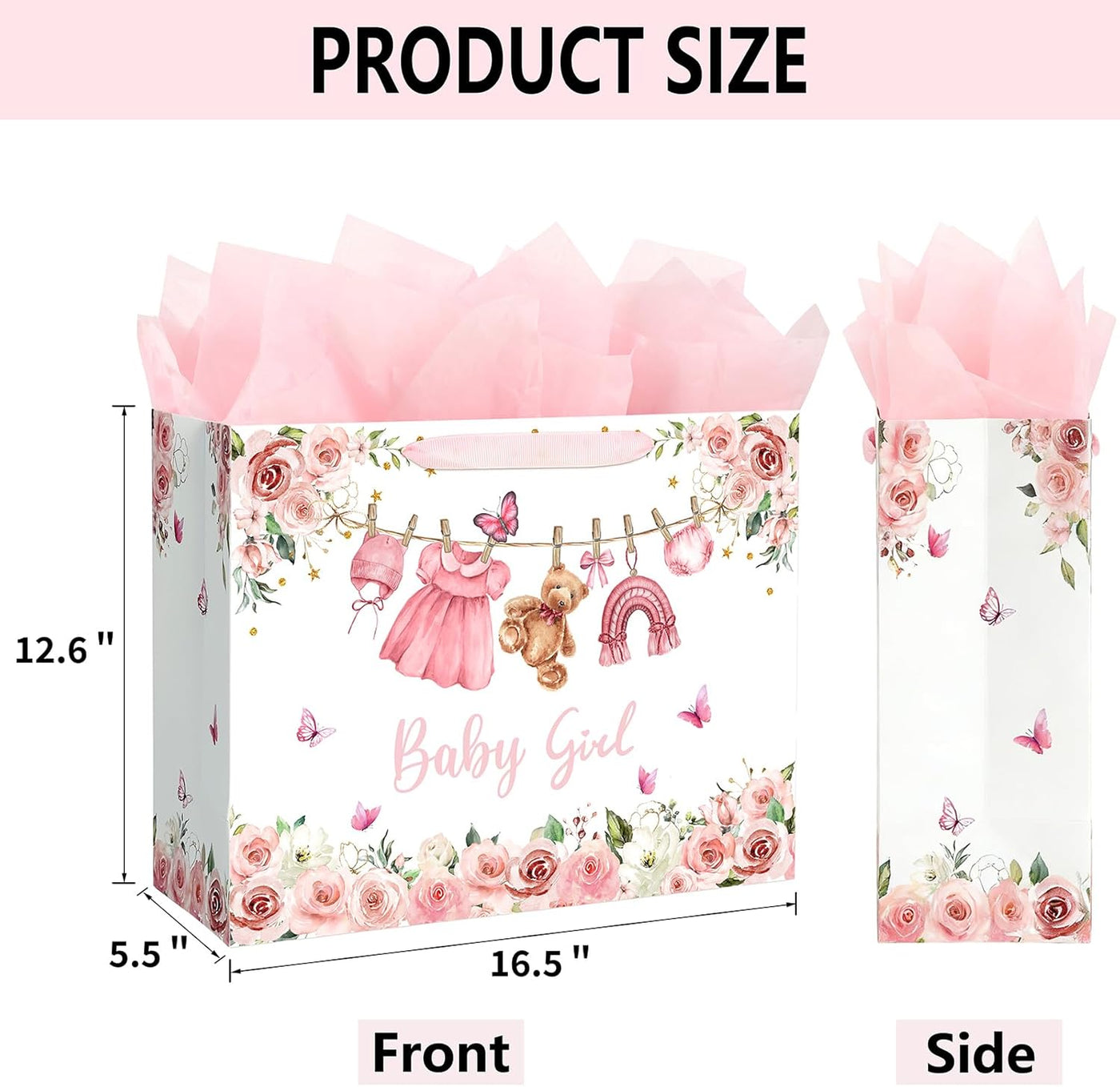 Yusenguan 16.5" Extra Large Baby Gift Bag Set with Tissue Paper and Greeting Card, Pink Floral Design for Girl Baby Shower, Kids Birthday Party and Newborn Gifts