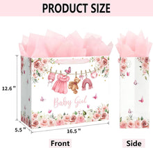 Yusenguan 16.5" Extra Large Baby Gift Bag Set with Tissue Paper and Greeting Card, Pink Floral Design for Girl Baby Shower, Kids Birthday Party and Newborn Gifts