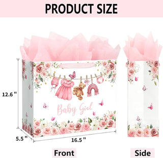 Yusenguan 16.5" Extra Large Baby Gift Bag Set with Tissue Paper and Greeting Card, Pink Floral Design for Girl Baby Shower, Kids Birthday Party and Newborn Gifts