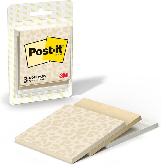 Post-it Polished Patterns Sticky Notes, Spot On Design Featuring 1 Leopard Pattern, 1 Sand Dune, and 1 Cloud Dancer Sticky Note Pad, 3 in. x 2.9 in., 45 Sheets per Pad