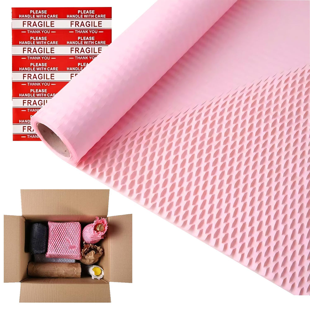Honeycomb Packing Paper,12 inch x 200 ft Bubble Cushioning Wrap for Packing Moving,Products Gifts Wrapping Paper,Recyclable and Biodegradable Shipping Packing Materials with 20 Fragile Sticker Labels