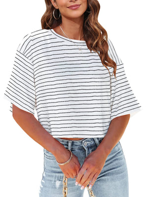 Tankaneo Women Half Sleeve Cropped T-Shirts Drop Shoulder Round Neck Crop Tops Casual Summer Solid Color Basic Tees