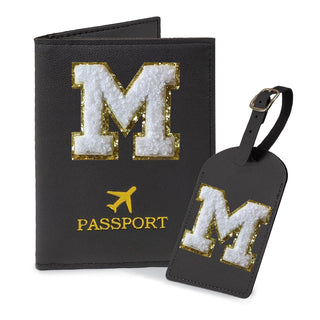 COSHAYSOO Purple Passport Cover Holder and Initial Luggage Tag Set TSA Approved with Personalized Monogram Chenille Letter Patch for Women Teen Girls, Cute Travel Bag Suitcase Identifier (A)