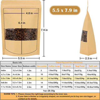 Blisstime 50 Pack Kraft Paper Stand Up Pouch Bags, Resealable Bag with Transparent Window and Tear Notch for Multipurpose Storage (5.5 X 7.9 Inches)