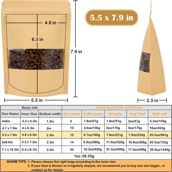 Blisstime 50 Pack Kraft Paper Stand Up Pouch Bags, Resealable Bag with Transparent Window and Tear Notch for Multipurpose Storage (5.5 X 7.9 Inches) - hover image