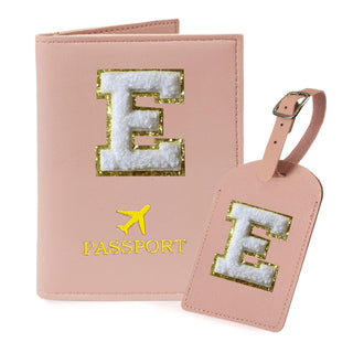 COSHAYSOO Purple Passport Cover Holder and Initial Luggage Tag Set TSA Approved with Personalized Monogram Chenille Letter Patch for Women Teen Girls, Cute Travel Bag Suitcase Identifier (A)