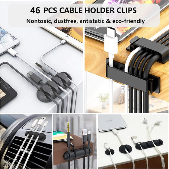 N NOROCME 192 PCS Cable Management Kit 4 Wire Organizer Sleeve,11 Cable Holder,35Cord Clips 10+2 Roll Cable Organizer Straps and 100 Fastening Cable Ties for Computer TV Under Desk, black,clear - hover image