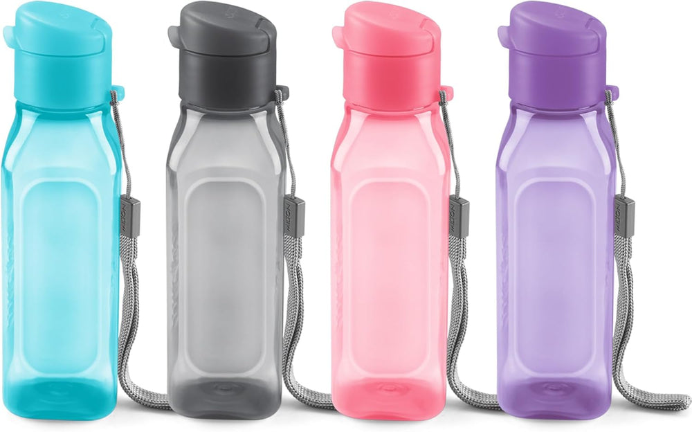 Bulk Set of 4 10oz Multicolor Water Bottles for Kids and Adults - Leak Proof With Carry Strap - Square Reusable for Juice, Drinks - BPA-Free Dishwasher-Safe