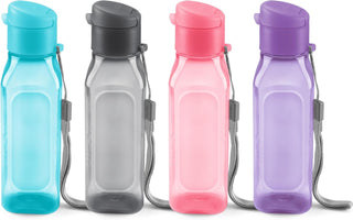 Bulk Set of 4 10oz Multicolor Water Bottles for Kids and Adults - Leak Proof With Carry Strap - Square Reusable for Juice, Drinks - BPA-Free Dishwasher-Safe