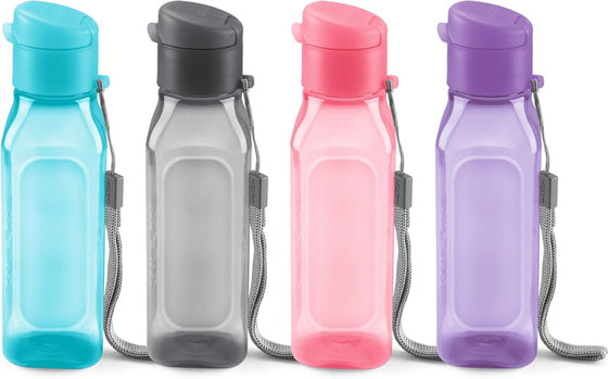 Bulk Set of 4 10oz Multicolor Water Bottles for Kids and Adults - Leak Proof With Carry Strap - Square Reusable for Juice, Drinks - BPA-Free Dishwasher-Safe