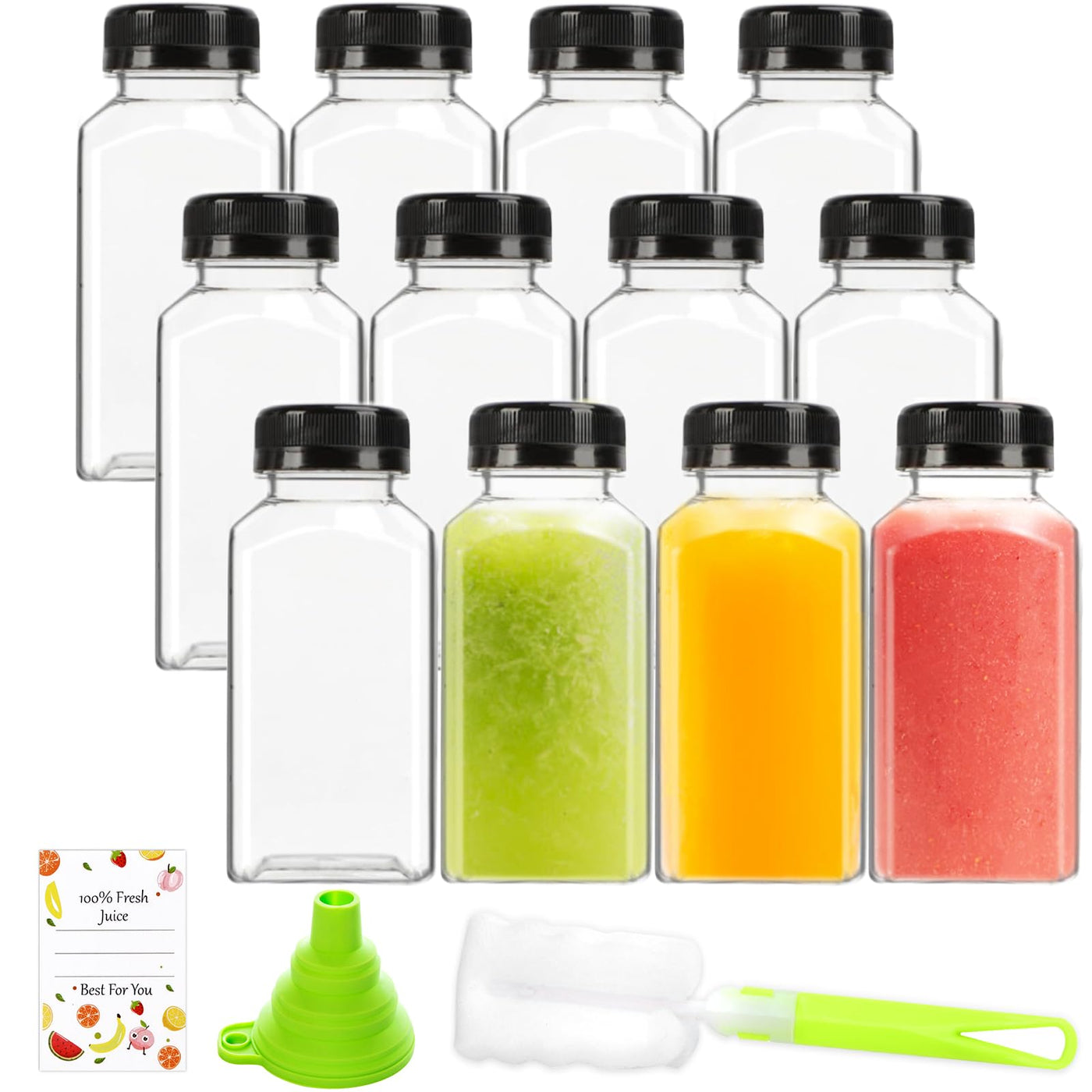 12pcs 12oz Plastic Juice Bottles, Reusable Juice Containers with Black Tamper Proof Lids, Brush, Funnel and Labels, Clear Juice Containers for Juicing, Smoothie and Homemade Beverages