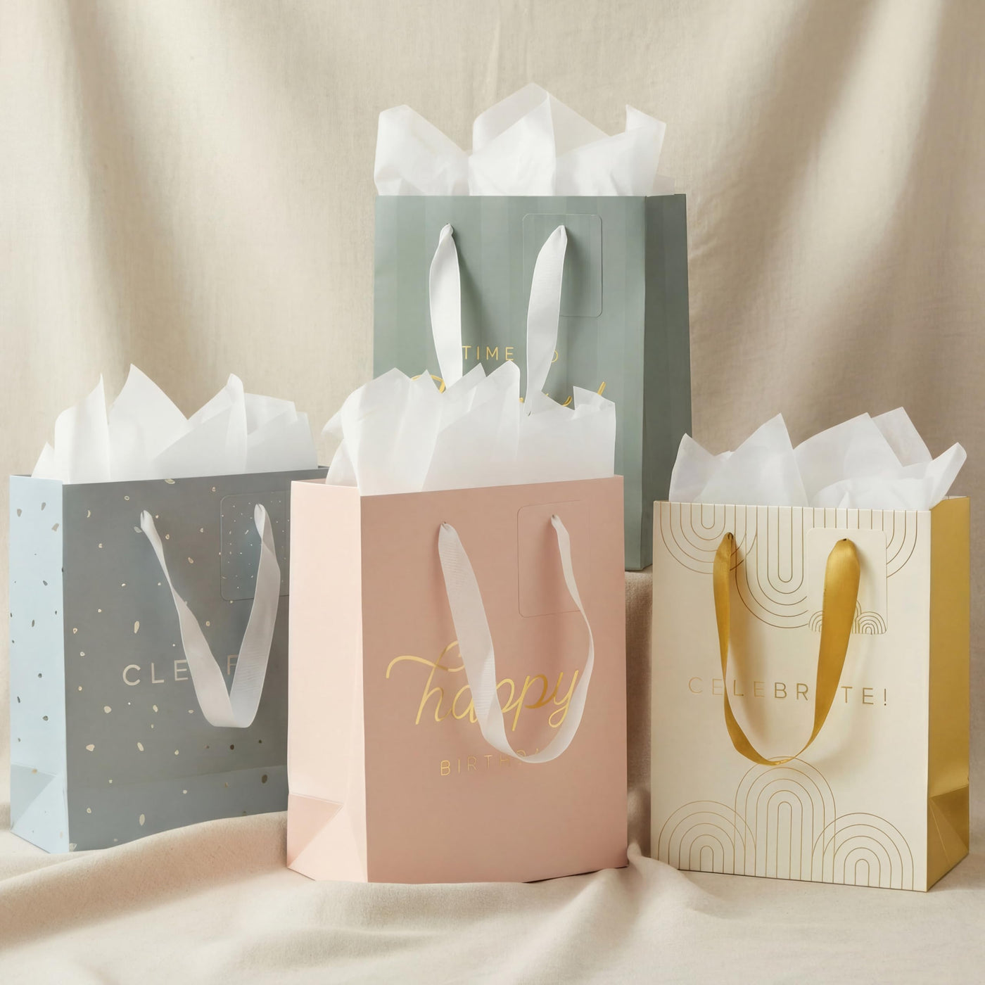 Beautiful Gift Bags Set of 4 - Medium Sized 9" Bags with Handles incl. Matching Tissue Paper, Cards & Small Stickers - Reusable & For Presents of Any Birthday, Weddings, Mothers Day & Other Occasion