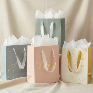 Beautiful Gift Bags Set of 4 - Medium Sized 9" Bags with Handles incl. Matching Tissue Paper, Cards & Small Stickers - Reusable & For Presents of Any Birthday, Weddings, Mothers Day & Other Occasion