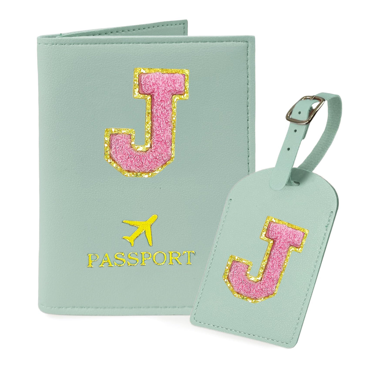COSHAYSOO Purple Passport Cover Holder and Initial Luggage Tag Set TSA Approved with Personalized Monogram Chenille Letter Patch for Women Teen Girls, Cute Travel Bag Suitcase Identifier (A)