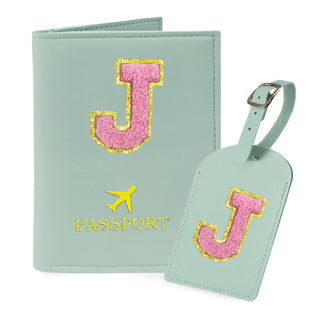 COSHAYSOO Purple Passport Cover Holder and Initial Luggage Tag Set TSA Approved with Personalized Monogram Chenille Letter Patch for Women Teen Girls, Cute Travel Bag Suitcase Identifier (A)
