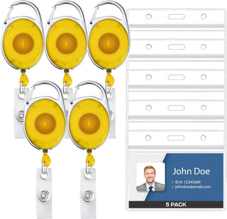 Will Well ID Badge Holders with Clip and Keyring - Vertical Clear Plastic 2.52" x 3.58" Sleeves Fit Up to 3 Cards - Retractable 24" UHMWPE Fiber Pull Cords for Easy Access - 2-Pack, Black Reels