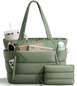 Bagstellar Puffer Tote Bag for Women, Lightweight Puffy Work Handbag Teacher Nurse Quilted Shoulder Bag for School Travel Gym | Cloud Bag w/ Zipper